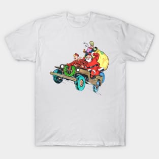 Retro Christmas Military truck at full speed with soldier carrying Santa Claus to deliver gift toys in Christmas fun Vintage Comic Book T-Shirt